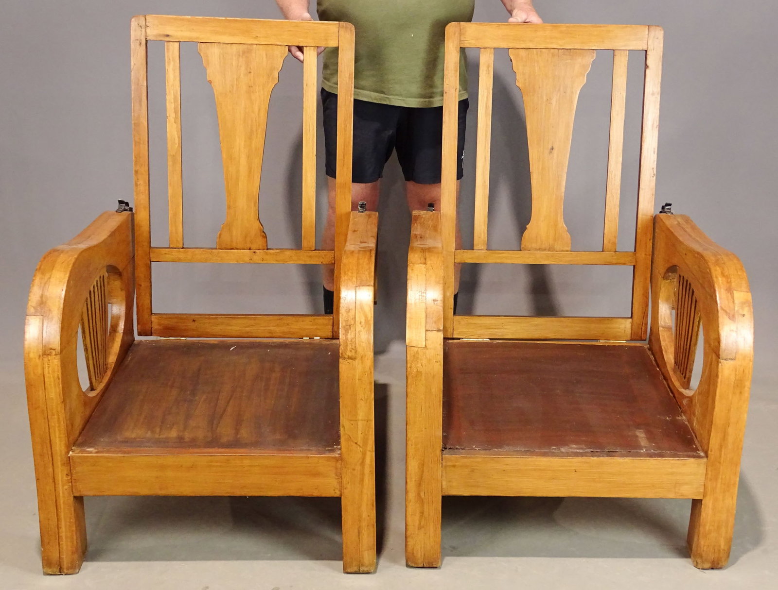 Pair Morris Chairs: Pair of early Morris chairs. No cushions.