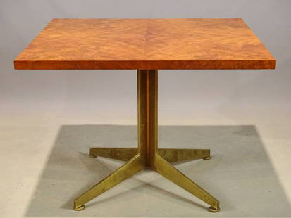 Brass Base Table: Vintage Brass base mahogany top table. Marked underside. 42" x 42" x 30" Ht..