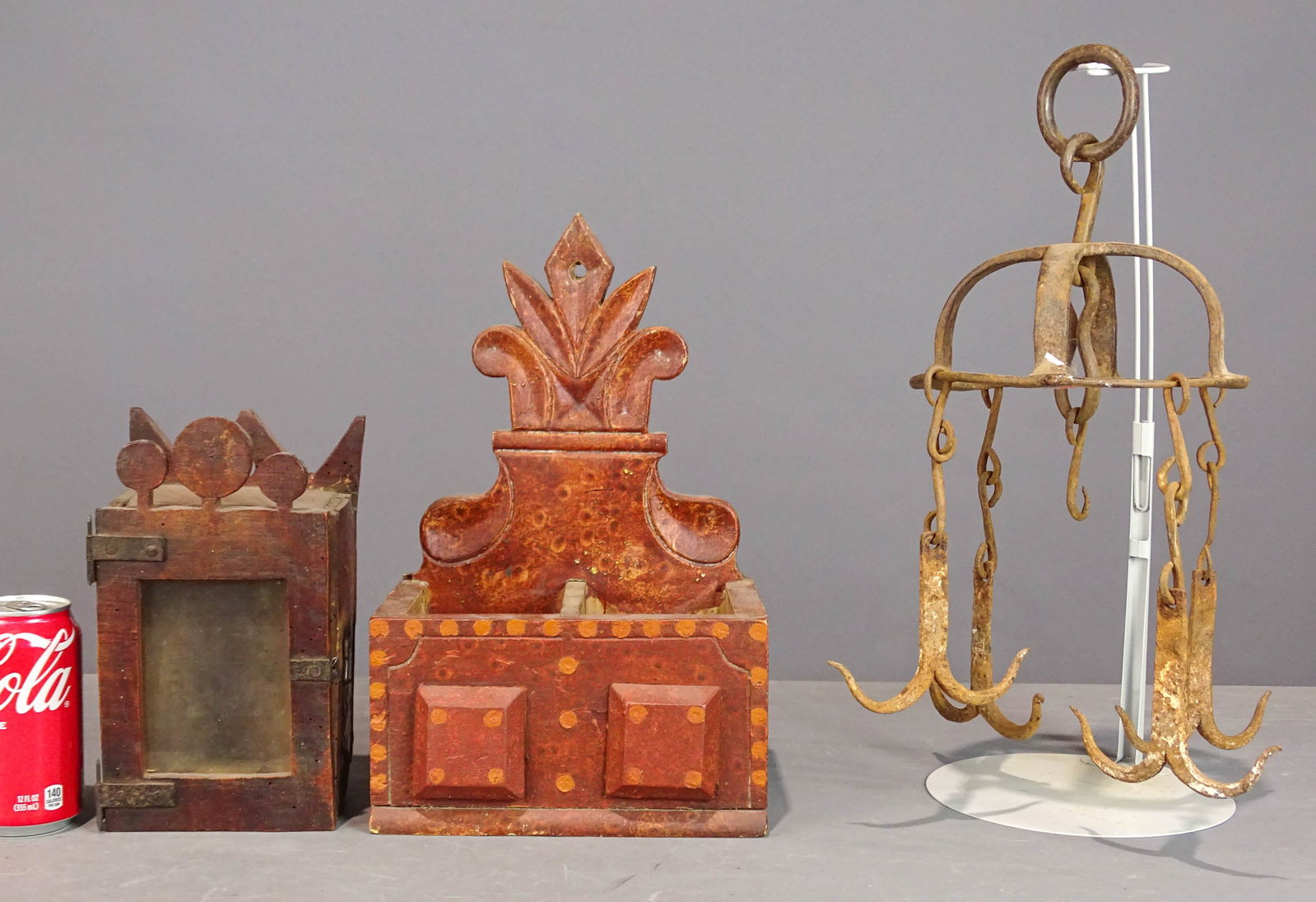Salt Box Lot: Lot including 19th c. salt box (8 1/2" x 6" x 14"), clock box (5 1/2" x 5" x 9"), iron Dutch crown (12" Ht.).