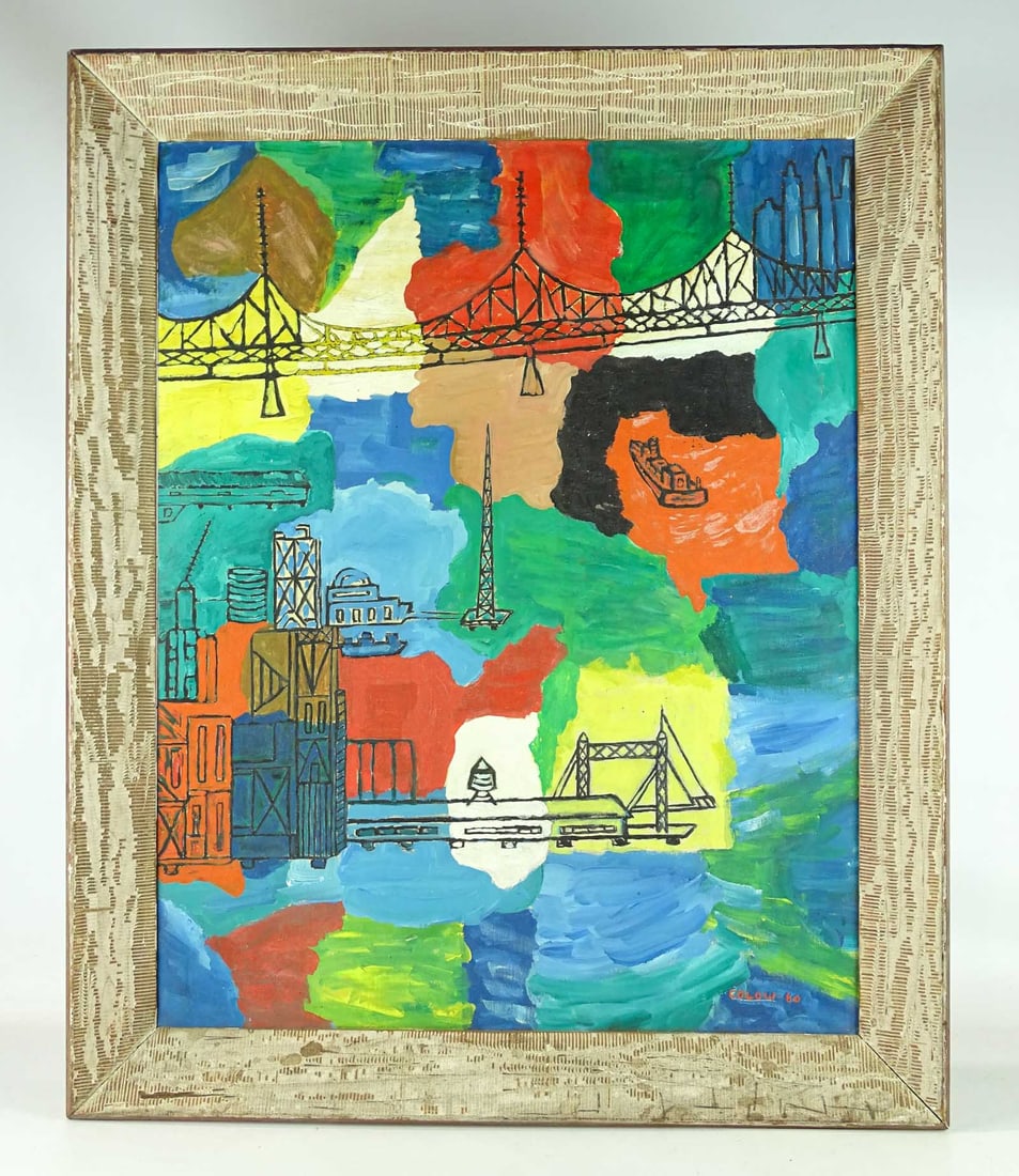 Colow (20th Century): Painting: Colow (20th Century), bridge subject with water and boats, oil on panel. Signed and dated "Colow '60". Overall in frame 33" x 26 1/2".