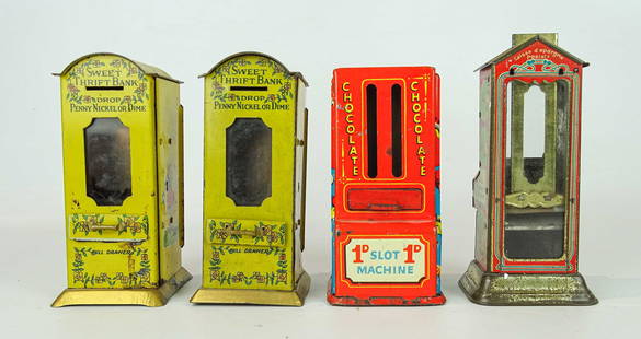 Bank Lot: Lot (4) vintage tin litho vending machine banks. (2) Beverly Novelty Co., Stollwerck Brothers, Cologne Germany and Great Britain. Tallest 6" Ht..
