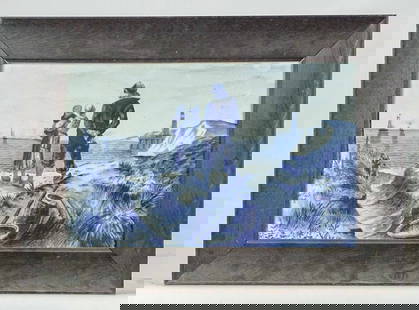 Ceramic Plaque: Victorian German ceramic plaque. Marked V & B M Made in Germany. 12 1/2" x 19 1/2", overall 18" x 25".