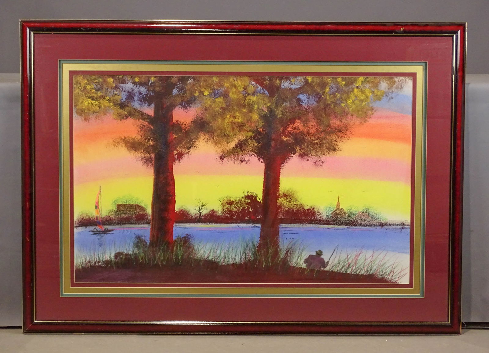 Cecil Bernard (20th Century): Cecil Bernard (20th Century), pastel fishing subject. Signed and dated 9-15-91. Overall in frame 36" x 51 1/4".