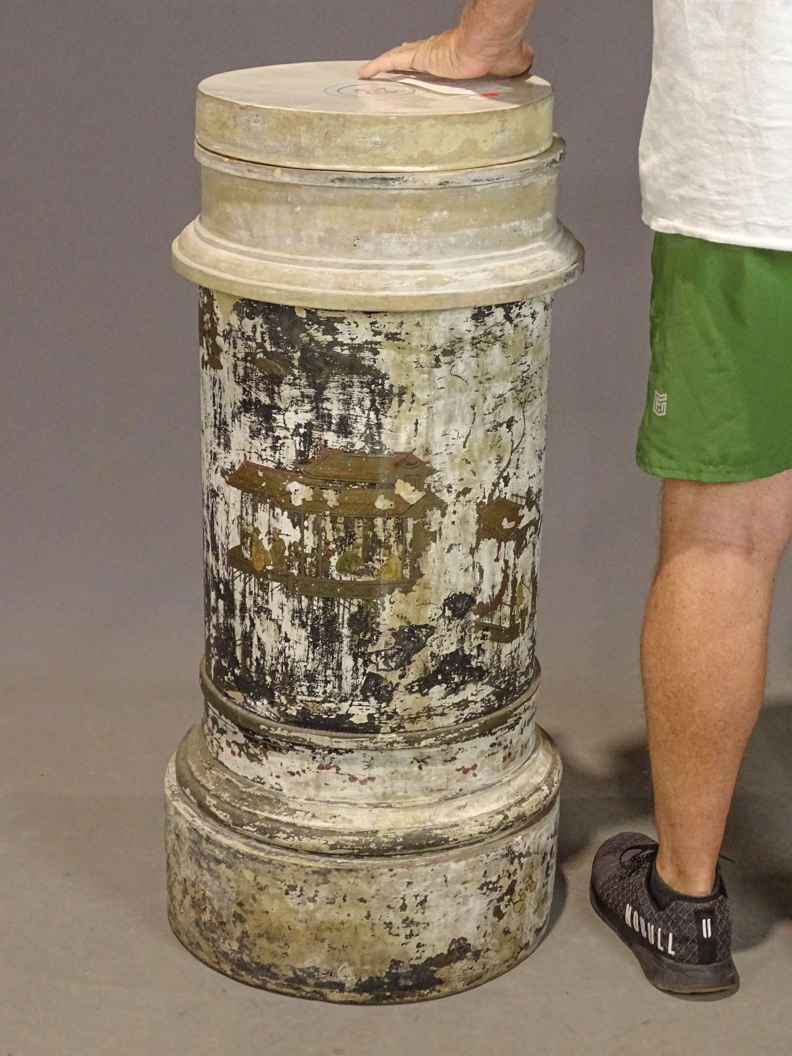 18th c. Clay Chinese Drum Pedestal: 18th c. multi-part Chinese drum pedestal. 36" Ht..