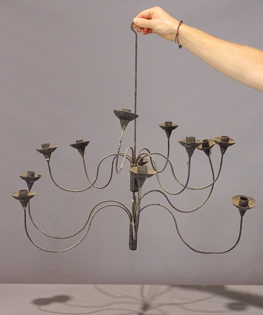 Candle Chandelier: Early two tiered 12 arm wire candle chandelier. 26 1/2" Ht., 28" D..