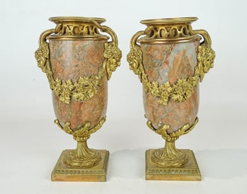 Pair French Marble and Brass Urns