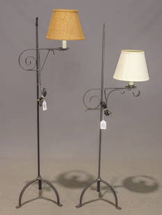 Wrought Iron Floor Lamps: Pair wrought iron penny foot adjustable floor lamps. 57" Ht..