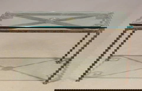 Coffee Table: Wrought iron and brass glass top coffee table. 32 1/2" x 17" x 16 3/4" Ht..