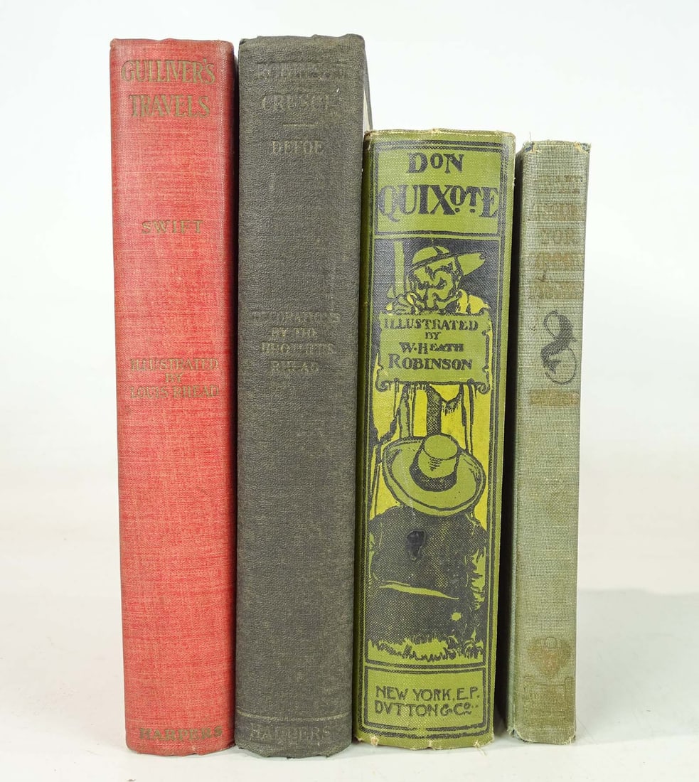 Book Lot: Book lot including: Don Quixote, Gullivers Travels, Robinson Crusoe, Bait Angling. Some Illustrated by Louis Rhead.