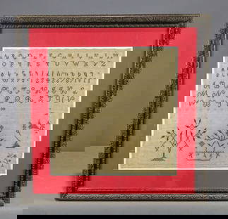 19th c. Needlework Sampler: 19th c. framed needlepoint sampler. Sight 17" x 16 1/2", overall 25 3/4" x 25". No glass.