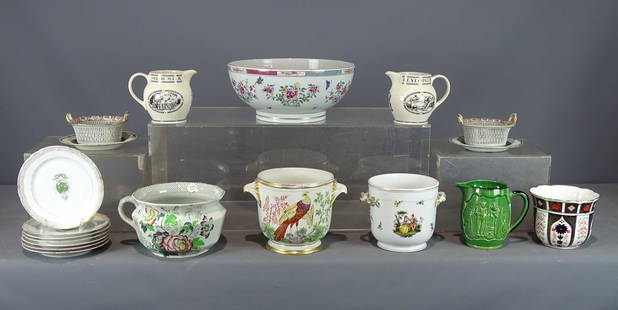 Misc. Lot: Misc. porcelain lot (17 pcs.): 6 1/2" French pitcher; pair open work oval handled bowls on platters 8" x 7"; Meissen handled urn 6 3/4" Ht.., handled urn with bird decoration 7 1/2" Ht., pair pitchers