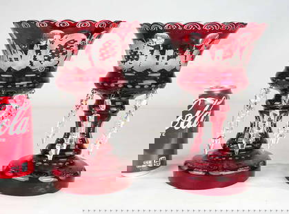 Pair Glass Lusters: Pair of 19th C. cranberry etched glass lusters with prisms. 8 3/4" Ht.