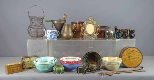 Misc. Lot: Lot including Canton teapot (no lid), English silverplate tea caddy, fancy metal frame, copper mold with squirrel, copper jug, pair carriage lamps, wire basket, copper pot, Roseville bowl, spice box w