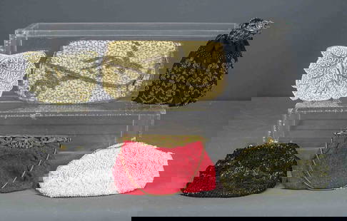 Ladies Purse Collection: Ladies purse collection: (6) red micro beaded "George Baring Paris"; black micro floral beaded Hong Kong; shaped micro glass & white beaded; silk micro pearl beaded; micro steel beaded Walborg, Belgiu