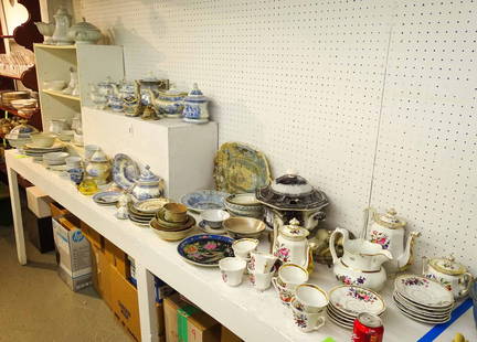 Ironstone Lot: Large lot of ironstone, transferware, porcelain teaset, Asian pottery. As is, rough condition. Approx. 100 pieces.