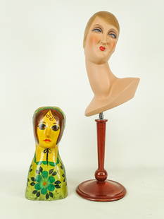 Mannequin Head Lot: Lot including mannequin head on stand (32" Ht., 10" W.), and Papier Mache head (16" Ht., 6" W.).