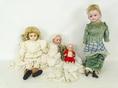 Doll Lot: Lot (4) dolls. Includes porcelain head sleepy eye marked "JDK" (14" L.), porcelain head (9" L.), (2) wax head (28" L.).