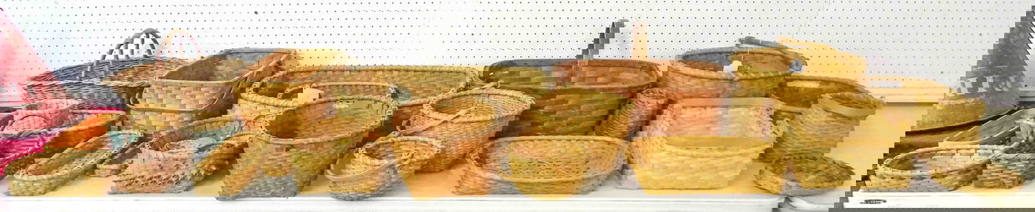 Basket Collection: Lot over (20) misc. baskets. Largest approx. 24" x 4" x 7" Ht.. Some labeled Kristine Myrick Andrews.