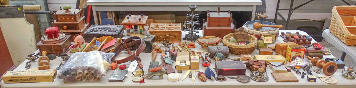 Sewing Lot: Lot of misc. sewing items including pin cushions (some boxed), (3) sewing boxes (largest 8 1/2" x 6" x 9 1/2"), various sewing birds, collectibles etc..