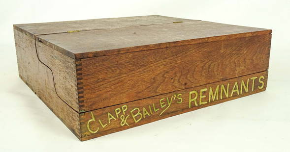 Antique Sewing Box: Antique sewing box with various sewing accessories in drawers. Marked "Clapp & Bailey's Remnants". 16 1/4" x 16 1/4" x 5".