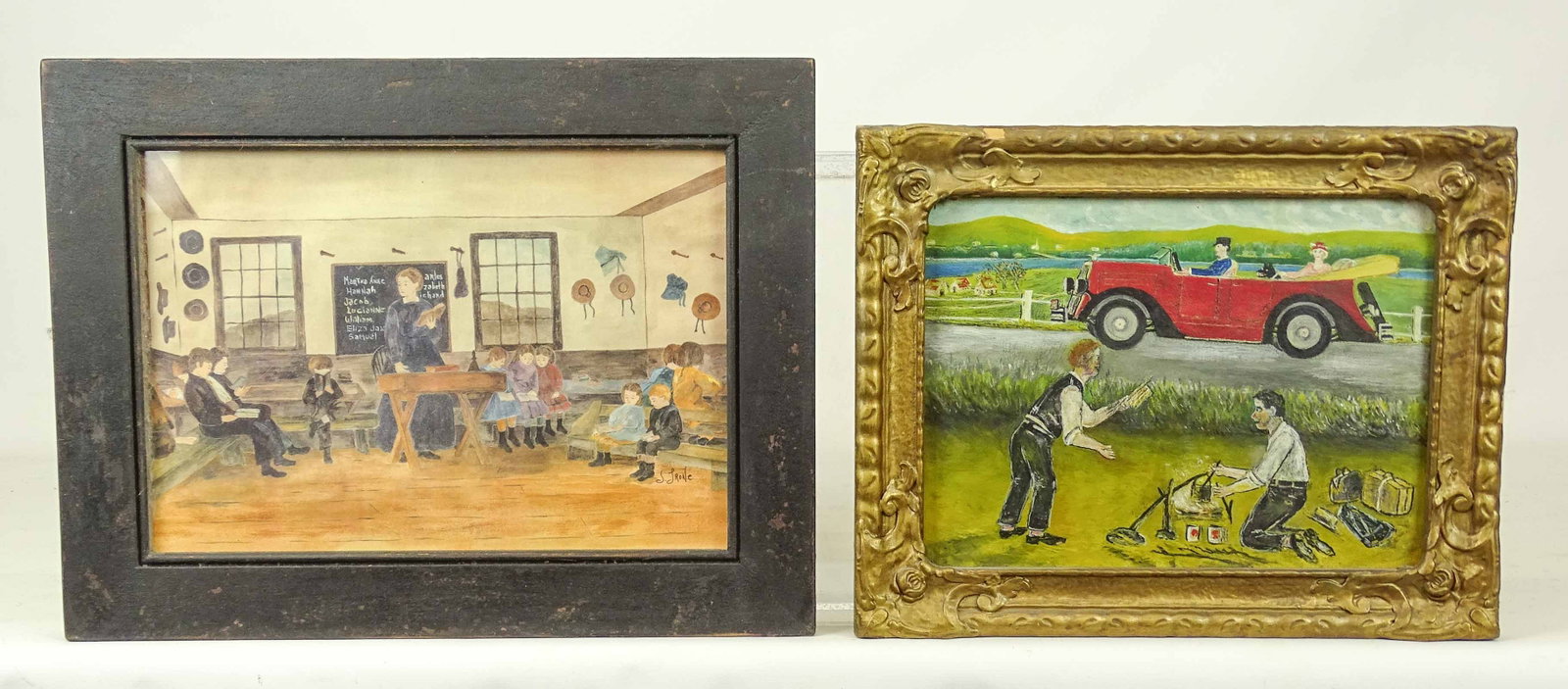 Artwork Lot: Lot (2) pieces of artwork including: Watercolor of class room signed "Jacquelyn Trone" (info verso, overall 13" x 17"), camping subject with early car (oil on panel, overall 12" x 14 1/2").