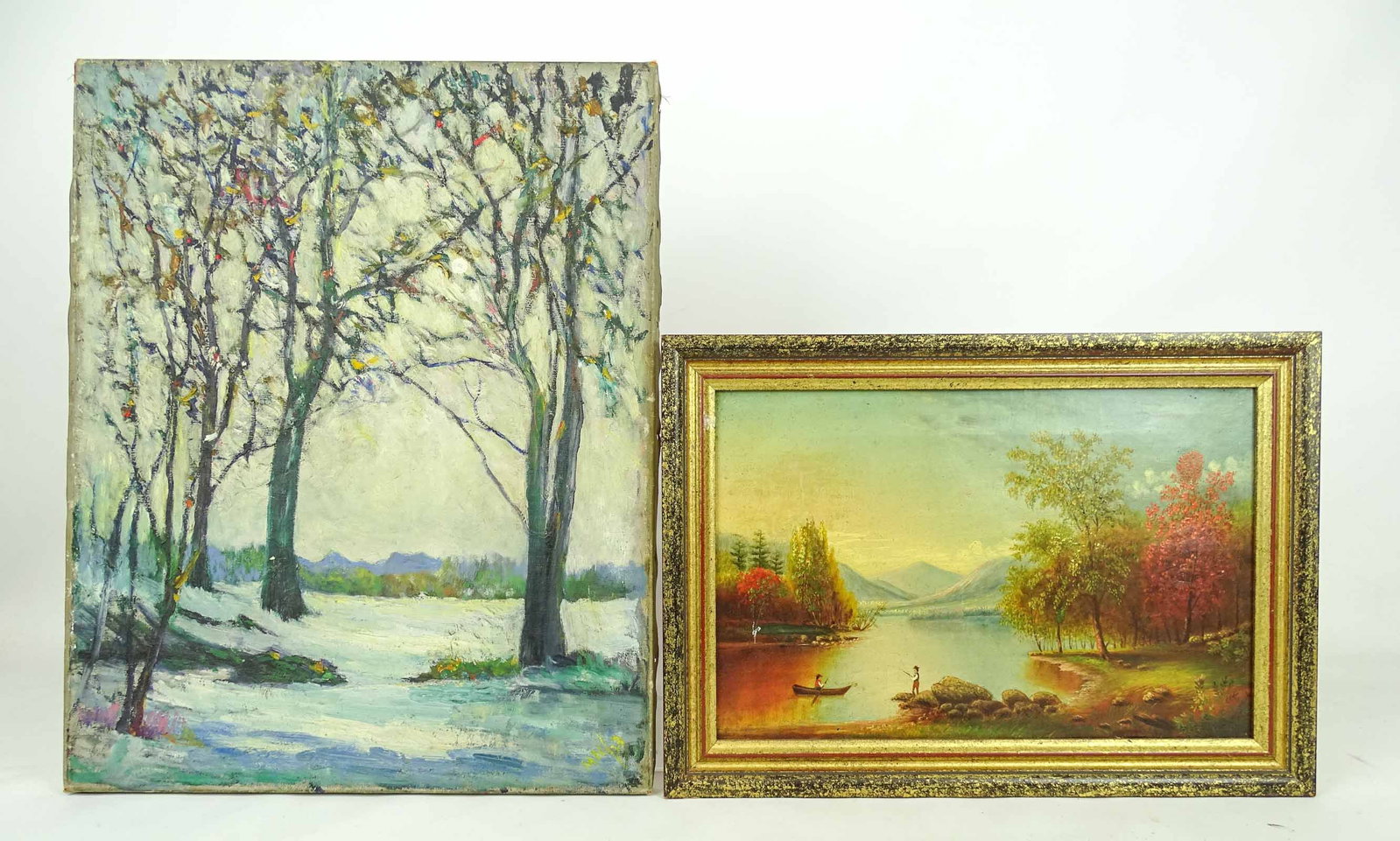 Artwork Lot: Lot (2) pieces of artwork including: 19th c. river landscape (oil on canvas, overall in frame 12 1/2" x 17 1/2"), and wooded landscape (unframed, oil on canvas, 21" x 16", New Rochelle Arts Associatio