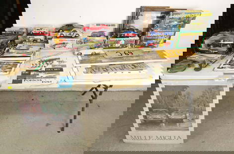 Porsche and Automobile Lot: Misc. lot including Porsche toy cars in boxes, models, mirrors, mock-ups, posters, various automobile catalogs, literature, License plates, emblem etc..