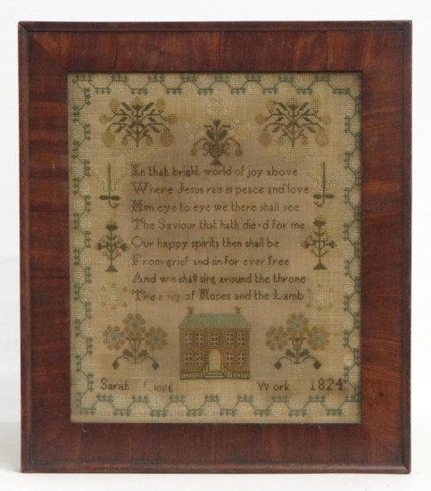 19th c. Sampler: 19th c. sampler "Sara...Work 1824". Features verse and house. Image 13" x 10 1/2".