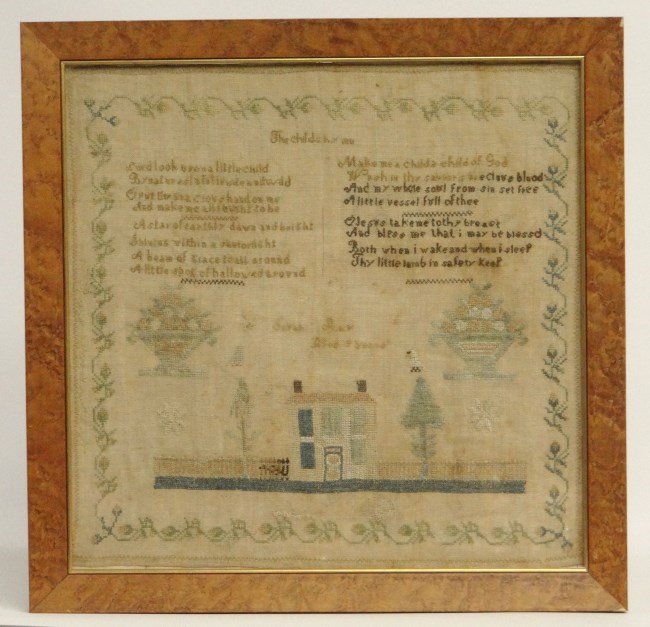19th c. Sampler: 19th c. sampler "Sara...Aged 9 Years", featuring verse, house etc., image 17" Square.