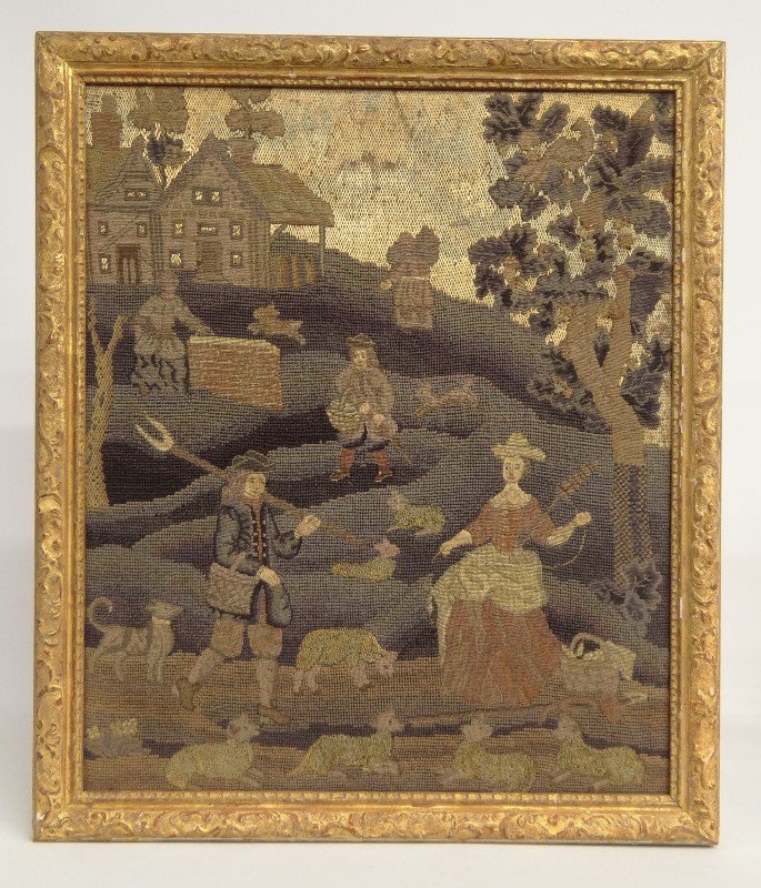 Needlework: Pictorial needlework. Features house, animals, people etc., image 23" x 19 1/4".