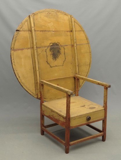 Hutch Table: 19th c. pine two part single drawer paint decorated hutch table. Top 46" Diameter, 29" Ht.