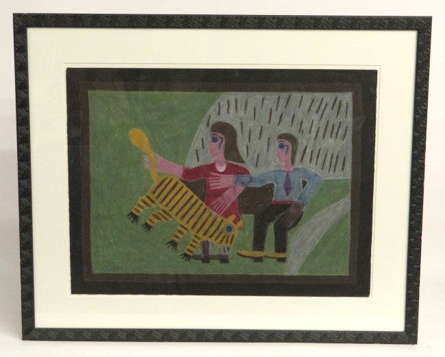 Drawing Eddie Arning: Craypas Drawing people with animal by outsider artist Eddie Arning (Texas 1898-1992). Sight 18 3/4" x 25".