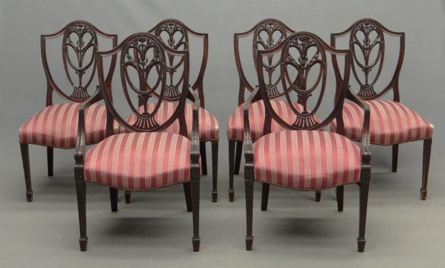Set Of Six Hepplewhite Style Chairs: Set of six (two arms), Hepplewhite style shieldback chairs. 22" Seat Ht. 38" Overall Ht.