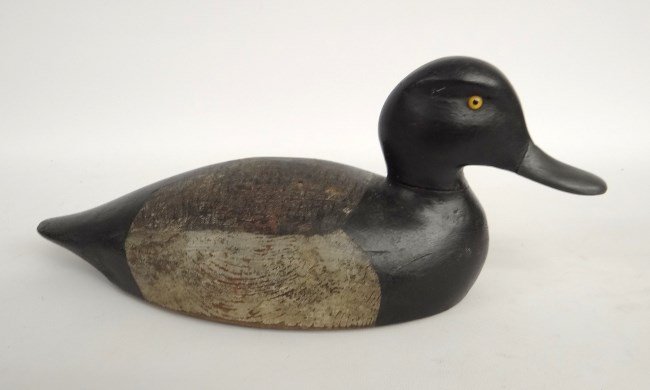 Decoy: Decoy "Broadbill" attributed to Chauncey Wheeler, St. Lawrence River carver. 14" Length. Signed "W.E.B. C-20" on base. Glass eyes.