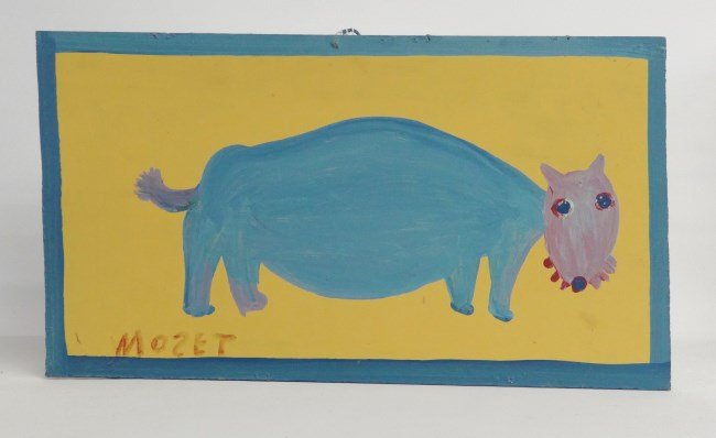 Painting Mose Tolliver: Outsider art painting oil on panel signed "MOSET" (Mose Ernerst Tolliver 1919-2006). 10" x 18". Purchased in 1986 from Bank-Jacob by consignor.