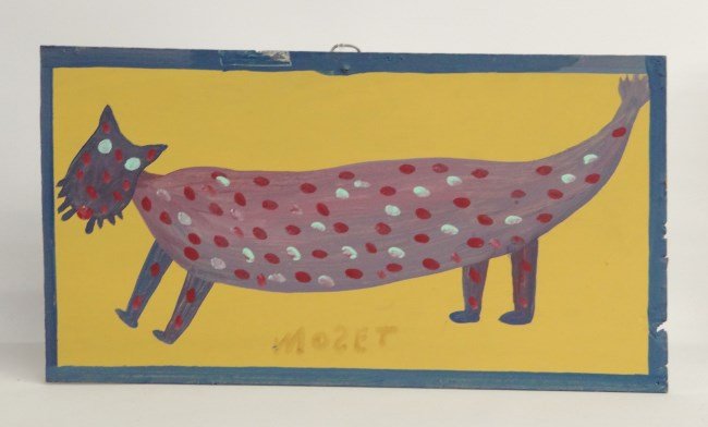 Painting Mose Tolliver: Outsider art painting oil on panel signed "MOSET" (Mose Ernest Tolliver 1919-2006). 10" x 18 1/2". Purchased in 1986 from Bank-Jacob by consignor.