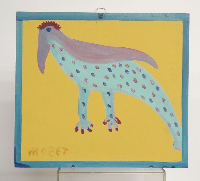 Painting Mose Tolliver: Outsider art painting oil on panel signed "MOSET" (Mose Ernest Tolliver 1919-2006). 13" x 14 1/2". Purchased in 1986 from Bank-Jacob by consignor.