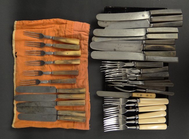 19th c. Flatwear: Lot 38 various pcs. early flatwear names include "Bradshaw & Perlee N.Y.", "Pratt Ropes Webb & Co. etc., includes horn handles.