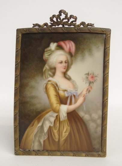 Painting On Porcelain: 19th c. painting woman with flowers signed LRC "Wagner" (?), marked on back "M R" (?). 8 1/2" x 5 1/2" Overall.