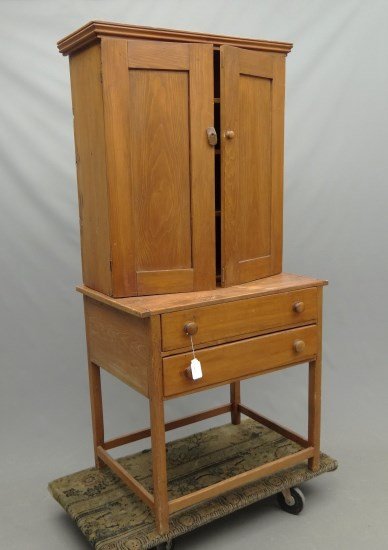 Plantation Desk: 19th c. pine two part pine plantation desk. Top has two doors, base has two drawers and stretcher. 35" W 23 1/2" D 71 1/2" Ht.