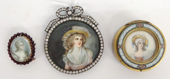 Miniature Portrait Lot: Lot including miniature portrait of woman in jeweled frame signed "DOL", miniature portrait pill box and miniature portrait in jeweled frame.