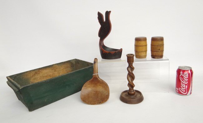 Primitive Lot: Primitive woodenware including bird cup, box in old green paint, two treenware barrels, burl spoon and twisted candlestick.
