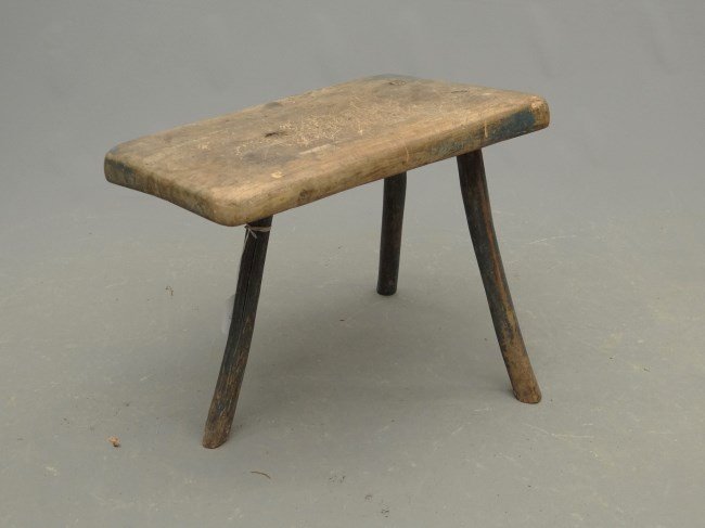 Peg Leg Bench: 19th c. peg leg bench in old worn blue paint. 21" W 18" Ht.