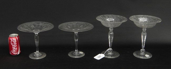 Pair Hawkes Tazzas: Pair signed Hawkes 9" tazzas, along with two unsigned 7 1/4" tazzas.