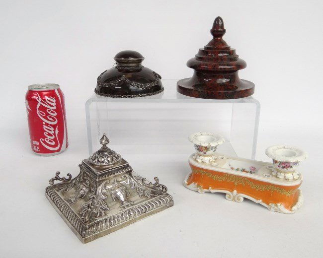 Inkwells: Lot four inkwells including Hallmarked silverplate, stone etc. Names include "Asprey London", "J.P." (Jacob Petit).