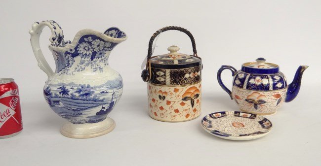 Gaudy Dutch Lot: Lot Gaudy Dutch teapot on stand, biscuit barrel along with ironstone transferware pitcher.