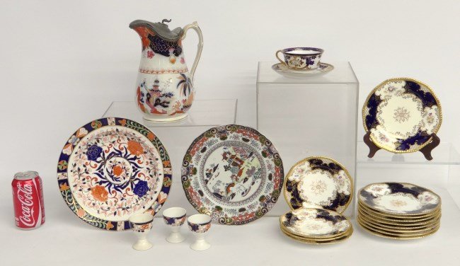 Porcelain Lot: Lot including Noritake cup and saucer, Gaudy Dutch egg cups, ironstone plate, signed Derby plate, ironstone pewter lid pitcher (lid needs repair), 13 Coalport English dishes.