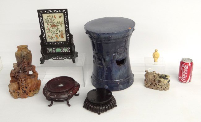 Asian Lot: Asian lot including miniature sceen (11 1/2" Ht.), two soapstone sculptures (3 1/2" and 10 1/2" Ht.), two wooden base and pottery pedestal 12 3/4" Ht. (small chip on glaze top rim) and snuff bottle.