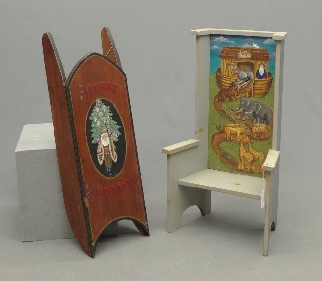 Lot: Lot including contemporary painted sled along with contemporary painted childs chair. Both painted by Jill Marion (Mass. contemporary).