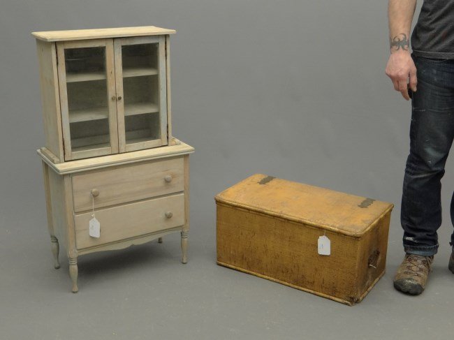 Dolls Chest: Lot including vintage rattan trunk and dolls cupboard.